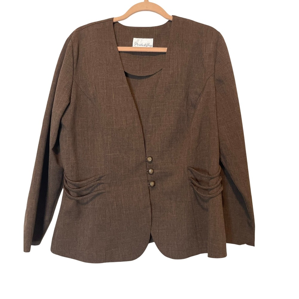Vintage Tailored Brown Collarless Blazer Jacket Draped Waist Detail Women L - Picture 2 of 5